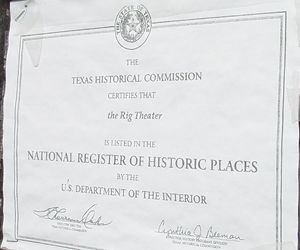 Texas Historical Commission  notice of Rig Theater listing on National Register of Historic Places
